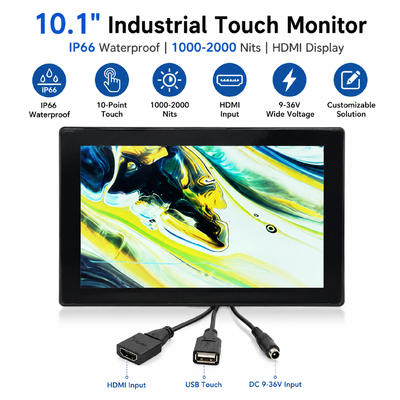 10.1 pulgadas de pantalla táctil industrial IP66 impermeable Alto brillo 1000-2000 Nits HDMI pantalla LCD