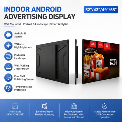 Disponible en 32 ′′, 43 ′′, 49 ′′, 55 ′′, adecuado para diferentes escenarios de publicidad en interiores como centros comerciales, hoteles, restaurantes, ascensores y tiendas minoristas.
